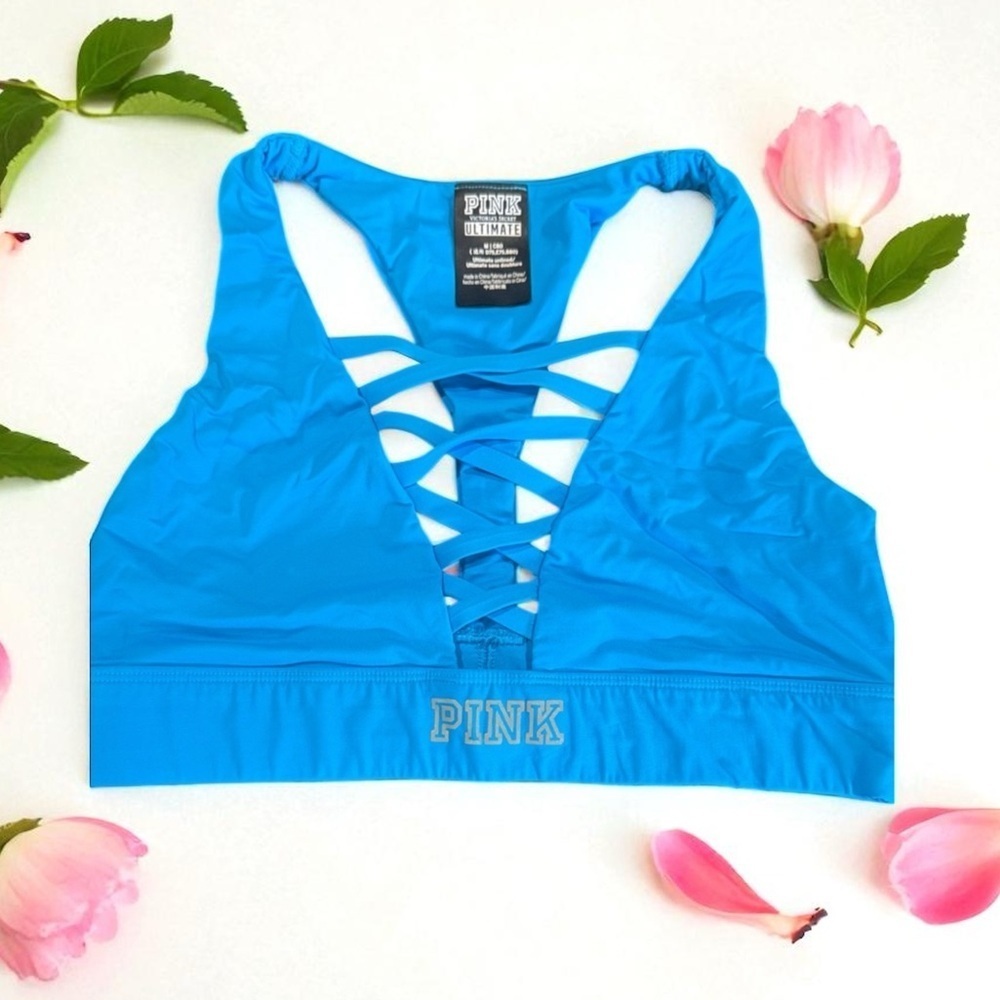 PINK Victoria's Secret Crisscross Blue Sports Bra medium turquoise top bikini